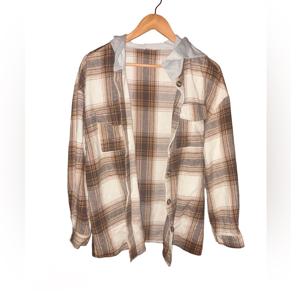 Plaid Button-Up Jacket with hood